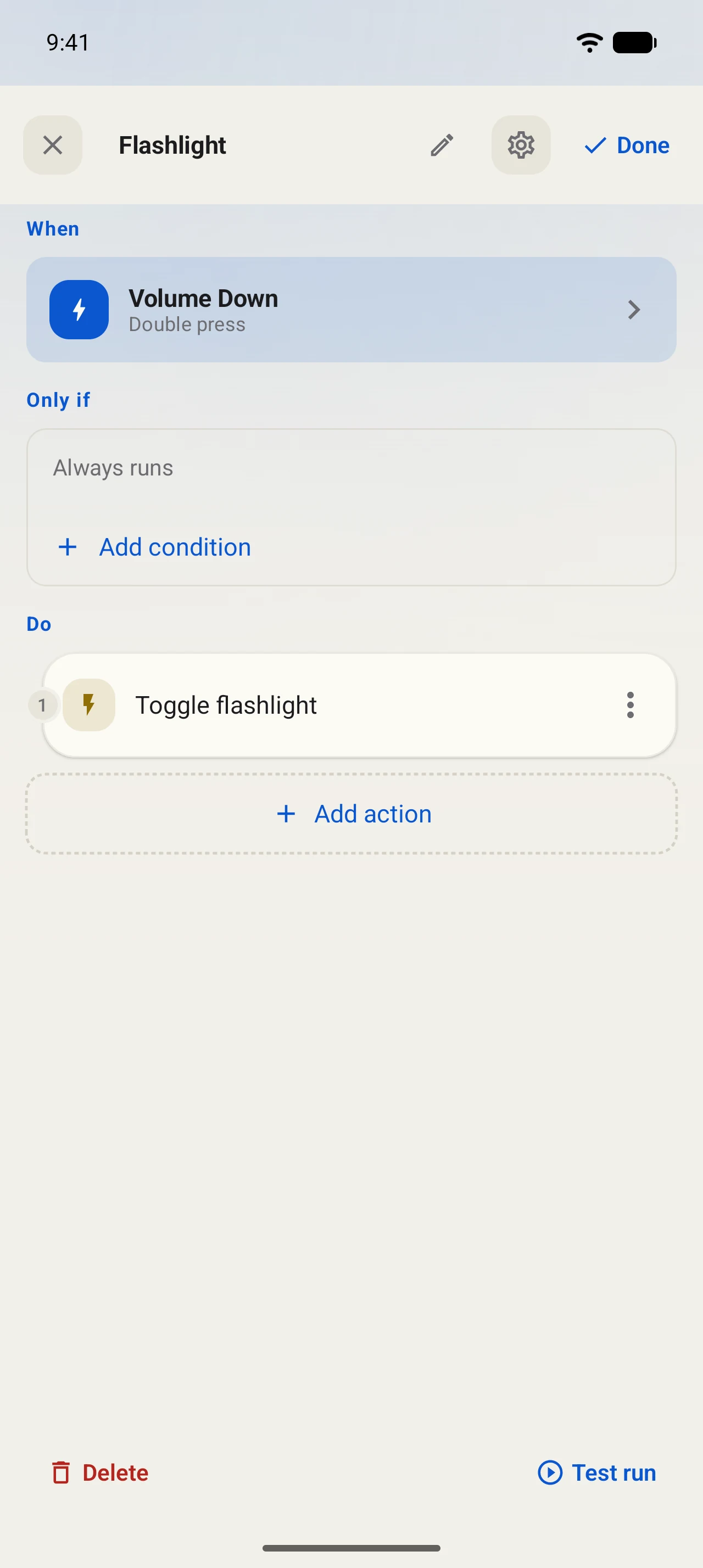 KeySnap’s shortcut editor with actions and conditions.