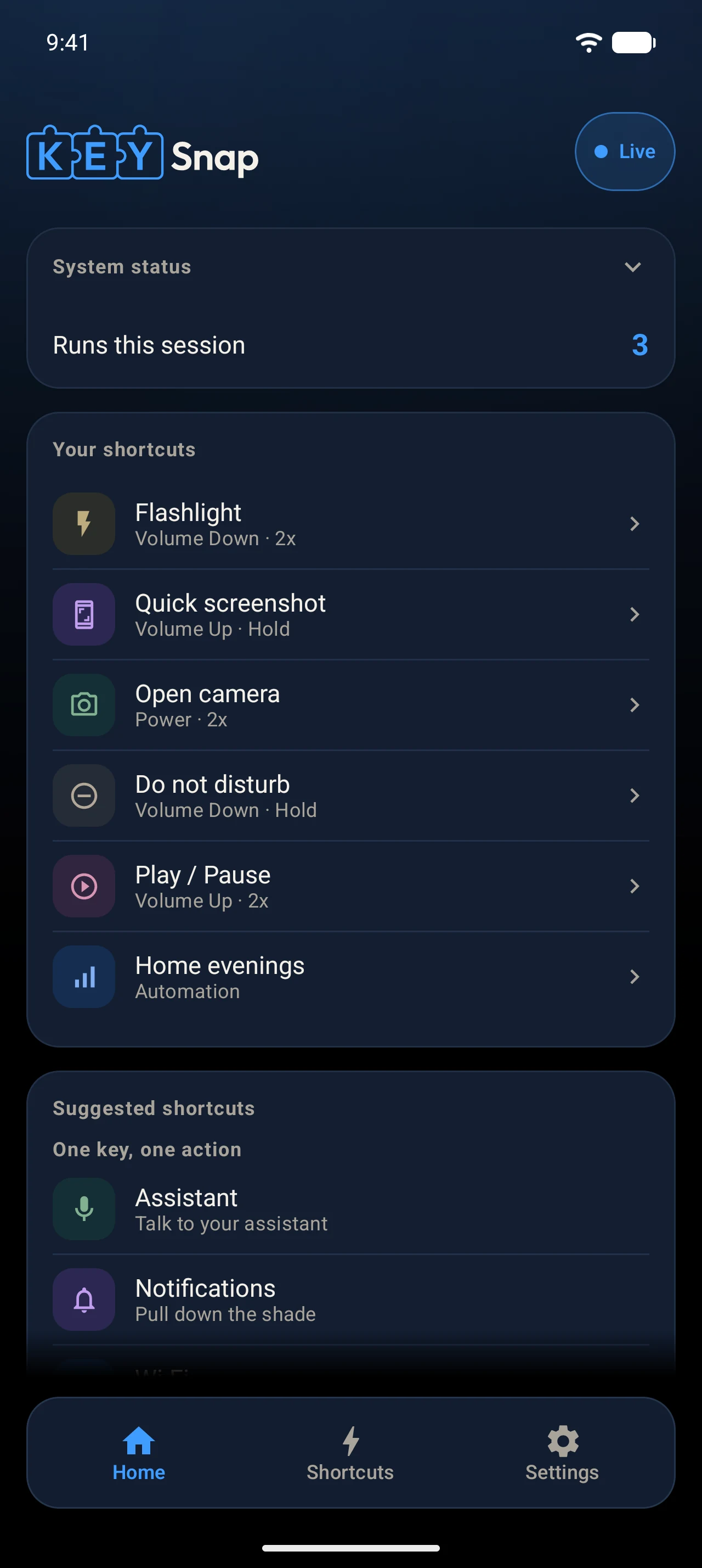 KeySnap showing example button shortcuts and an automation.