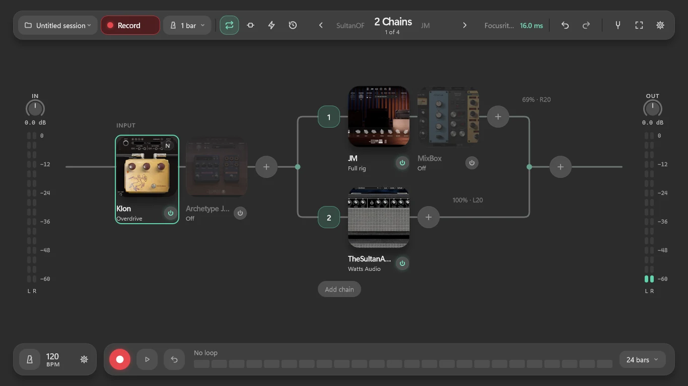 A desktop guitar workspace with parallel effects chains.